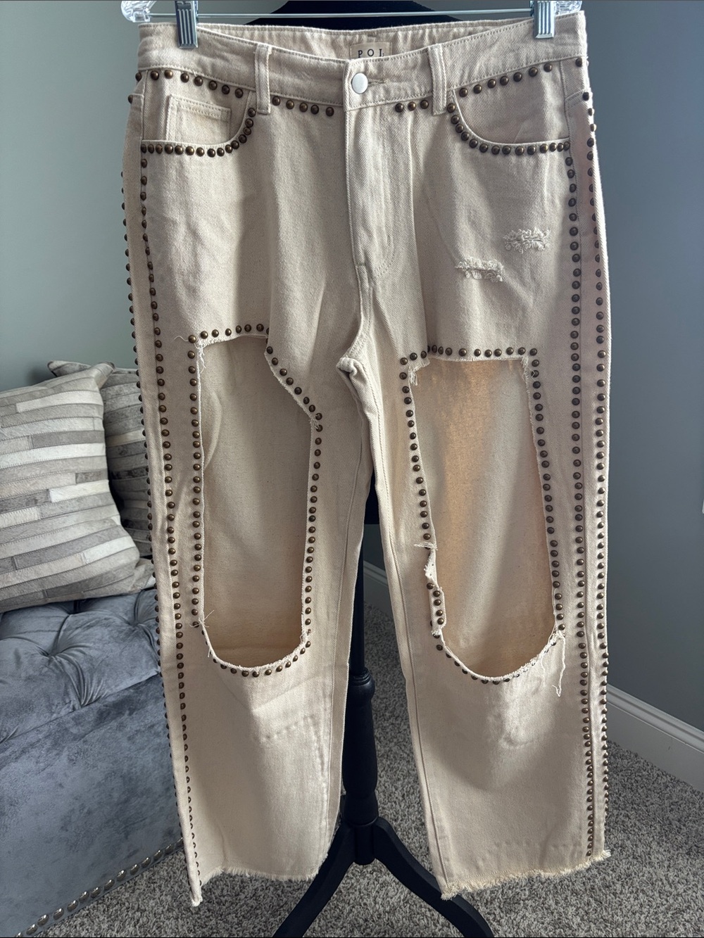 POL Beige Straight-Leg Jeans with Studded Trim